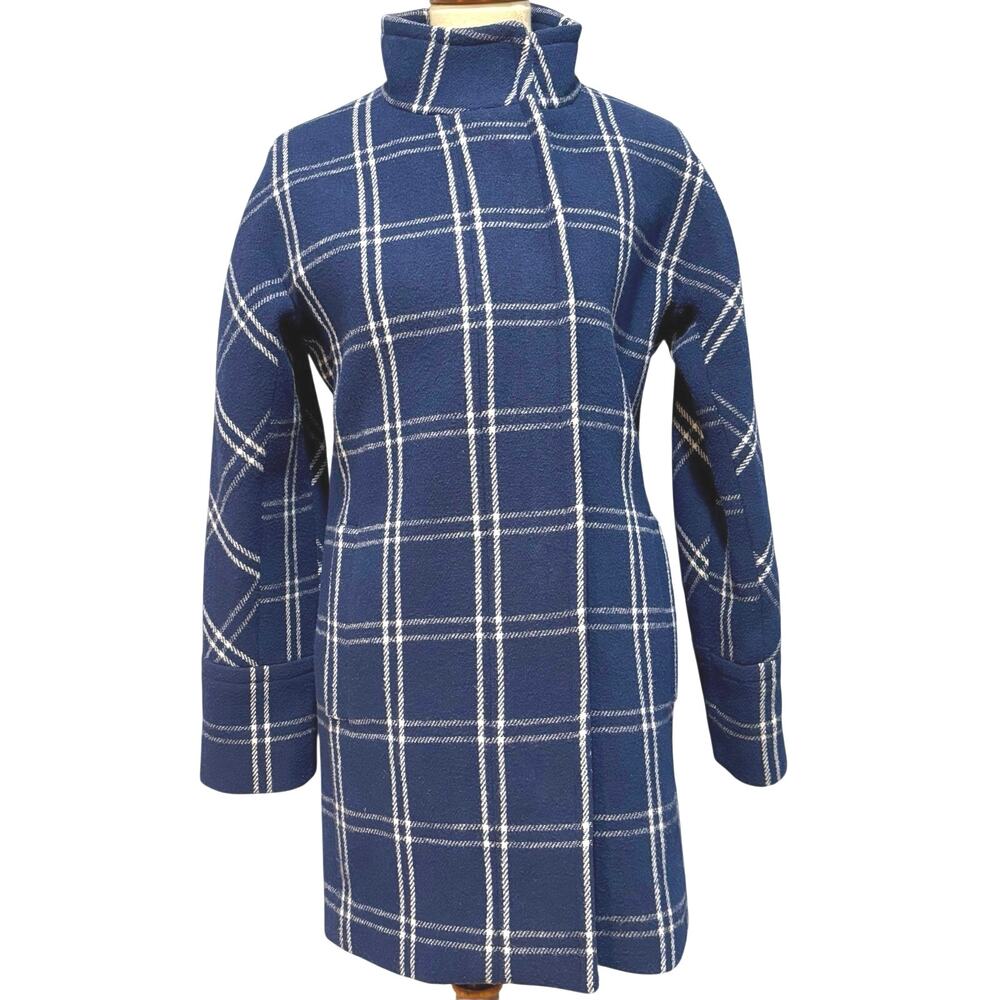 J.Crew Plaid Wool Blend Coat Dress 4 Blue White Longline Dark Academia Trench